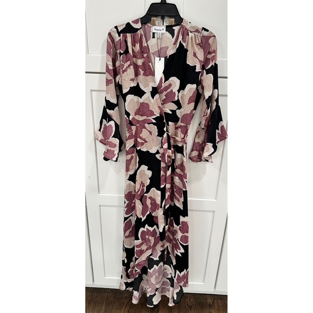Veronica M Floral Wrap Maxi Dress Bell Sleeve Ruffle High Low Black Pink XS